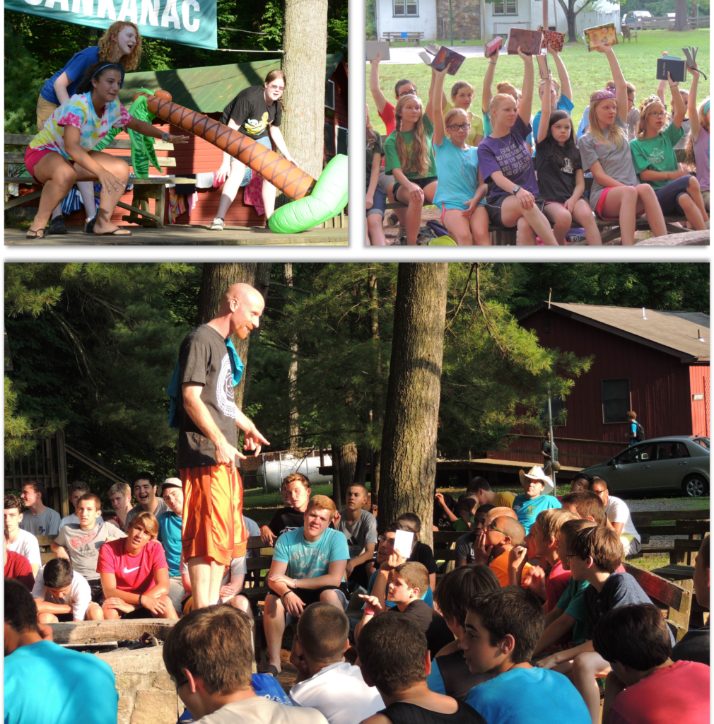 Top left to right: CS skit time girls; CS Bible drill Bottom: CS campfire time